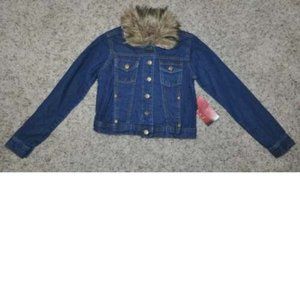 Girls Jean Jacket 5/6 Blue Button Front Fur Collar Long Sleeve Denim Shampoo